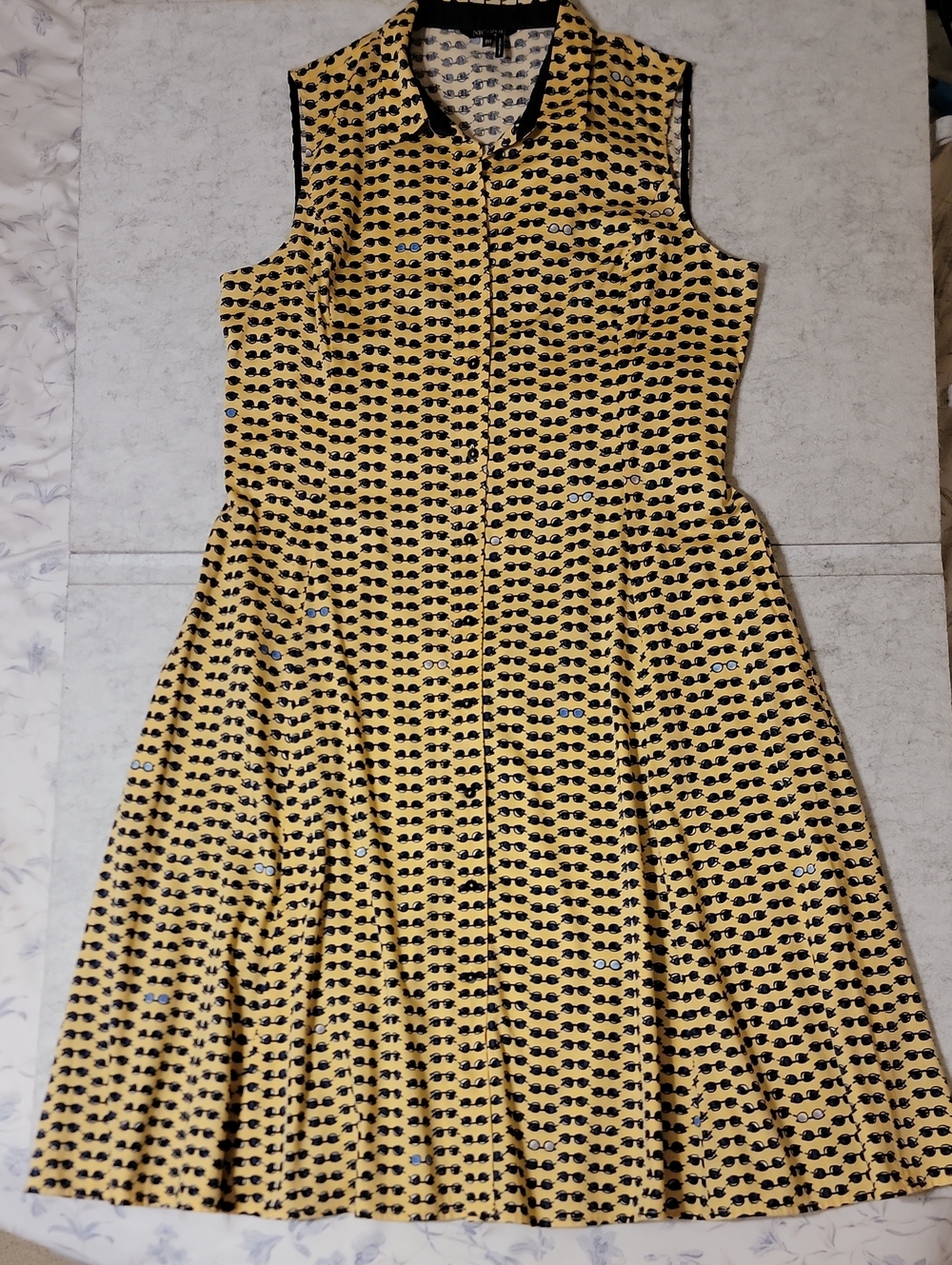 NIC+ZOE Sunnies Novelty Print Dress Petite Medium Yellow Blue Fit Flare Midi